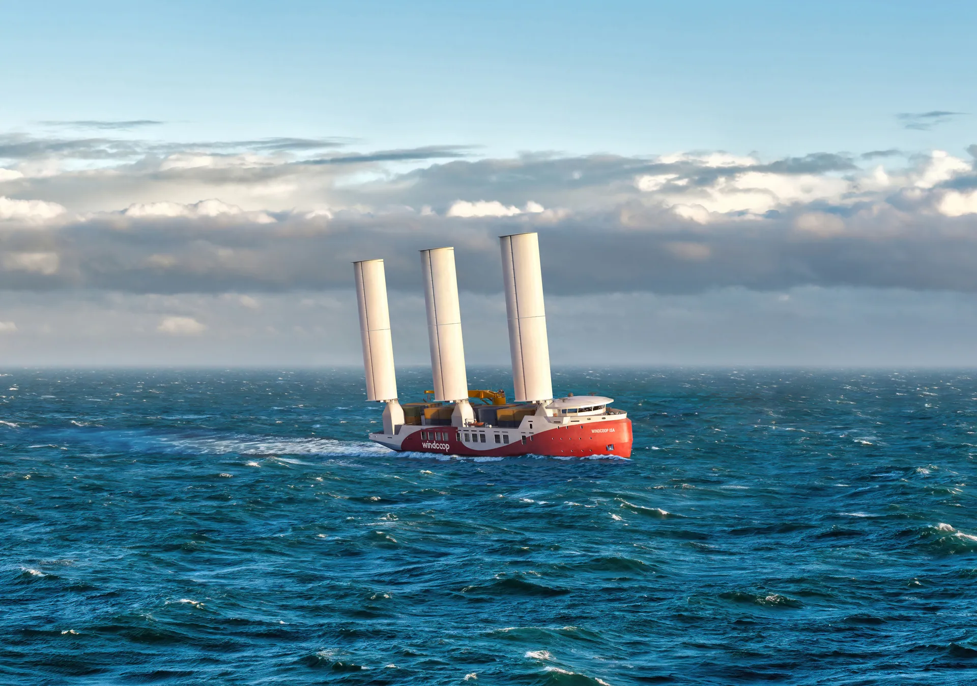 Le porte-conteneurs à voiles de Windcoop en mer, vue d’artiste