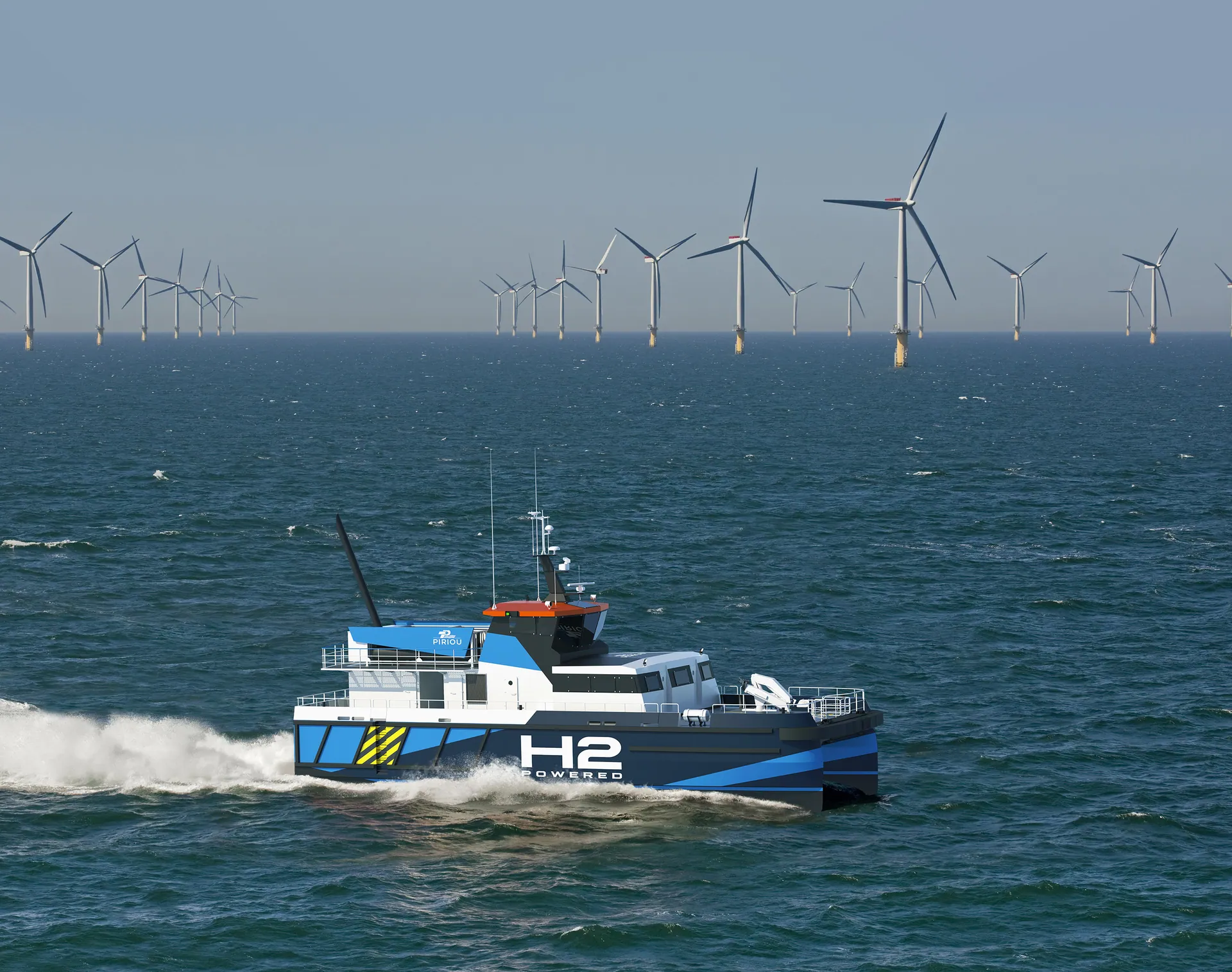 Le navire de maintenance à hydrogène ZEPH₂ en route vers un parc éolien en mer, vue d’artiste