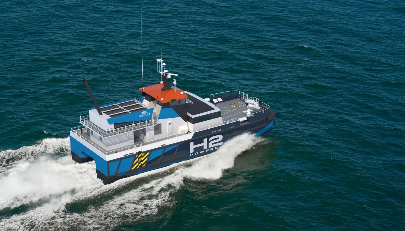 Le navire de transfert d’équipage ZEPH₂ à propulsion hydrogène, vue aérienne d’artiste