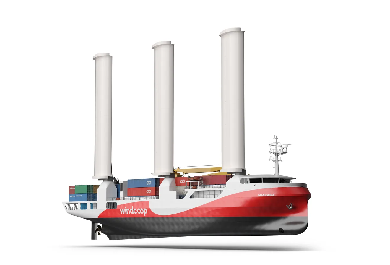 Le navire Windcoop de trois quarts avant, ailes déployées, sur fond blanc (image de synthèse)