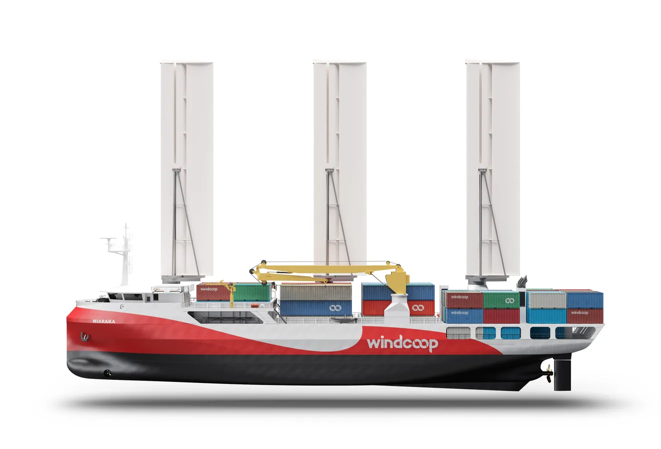 Le navire Windcoop de profil, ailes déployées, sur fond blanc (image de synthèse)